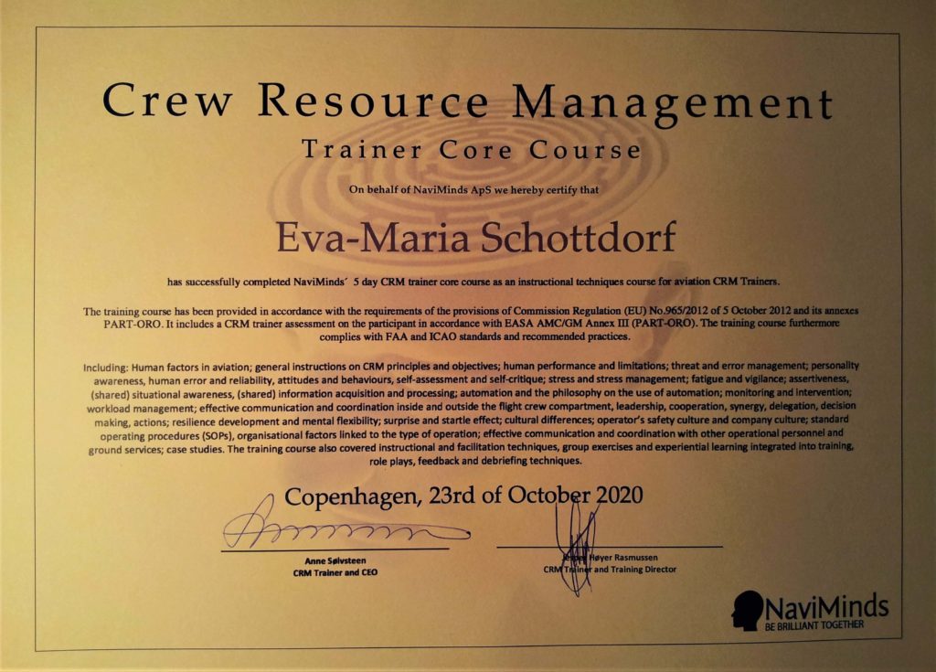 Trainerzertifikat für Crew Resource Management, CRM, Eva-Maria Schottdorf, Communicatio optima