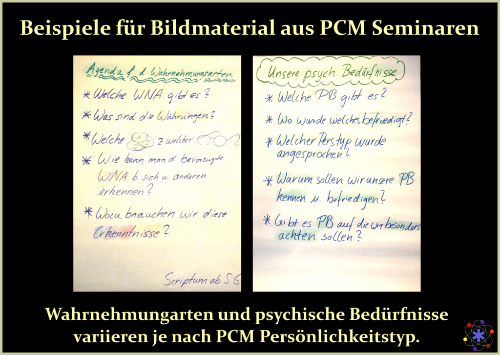 Beispiele für Bildmaterial aus PCM Seminaren, Wahrnehmungsarten und psychische Bedürfnisse variieren je nach PCM Persönlichkeitstyp