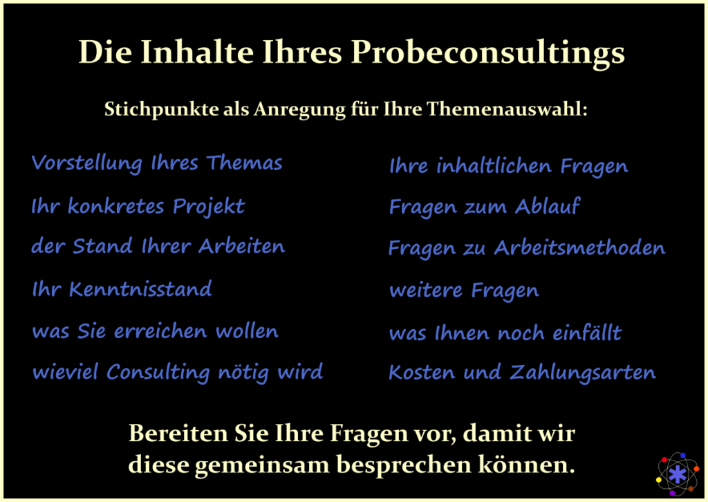 Inhalte eines Probeconsultings für Fachbuchautoren. Mögliche Themen und potentielle Fragen.