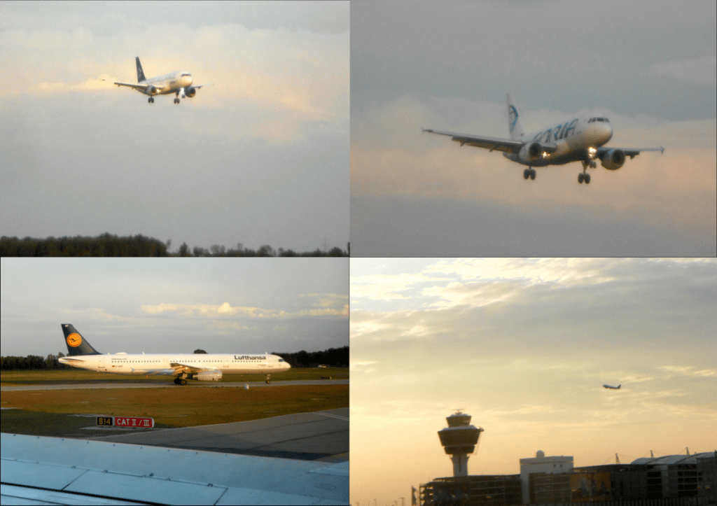 Zwei landende, ein startendes und zwei wartende Flugzeuge am Münchner Flughafen. Die Aufnahmen entstanden binnen weniger Minuten.